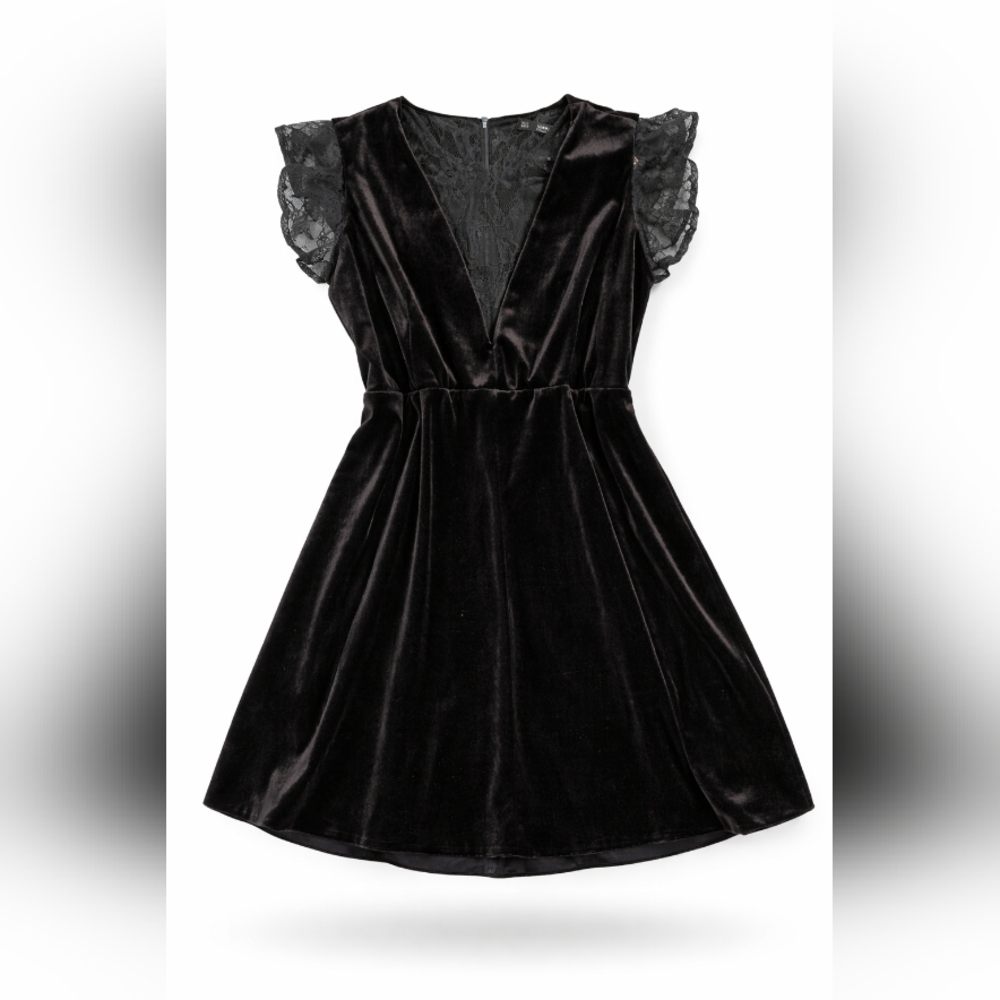 Zara Black Velvet Lace Dress Large V Neck Flutter Sleeve Party Mini